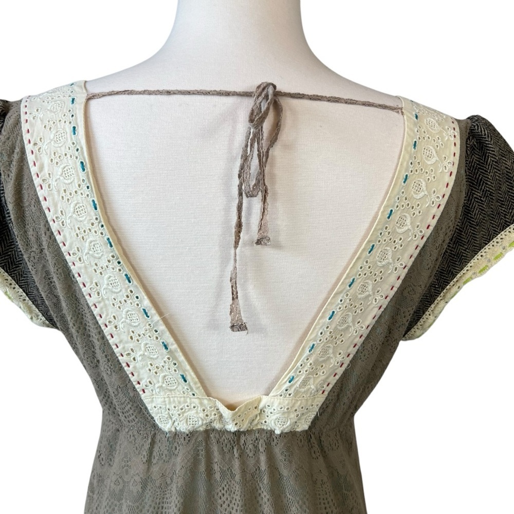 Free People Vintage Brown Lace Deep V Neckline Mini Dress - Picture 11 of 13